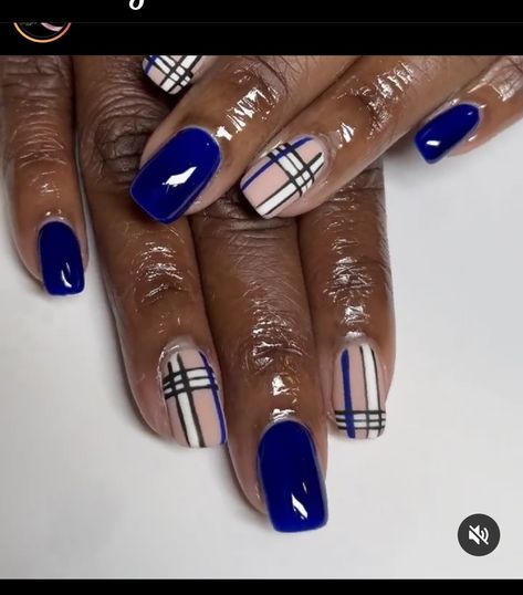 Blue Plaid Nail Designs, November Short Nails, Blue Fall Nails Designs, Dope Blue Nails, Denim Blue Nails, Winter Short Nails, Pedicure Room, Fierce Nails, Burberry Nails