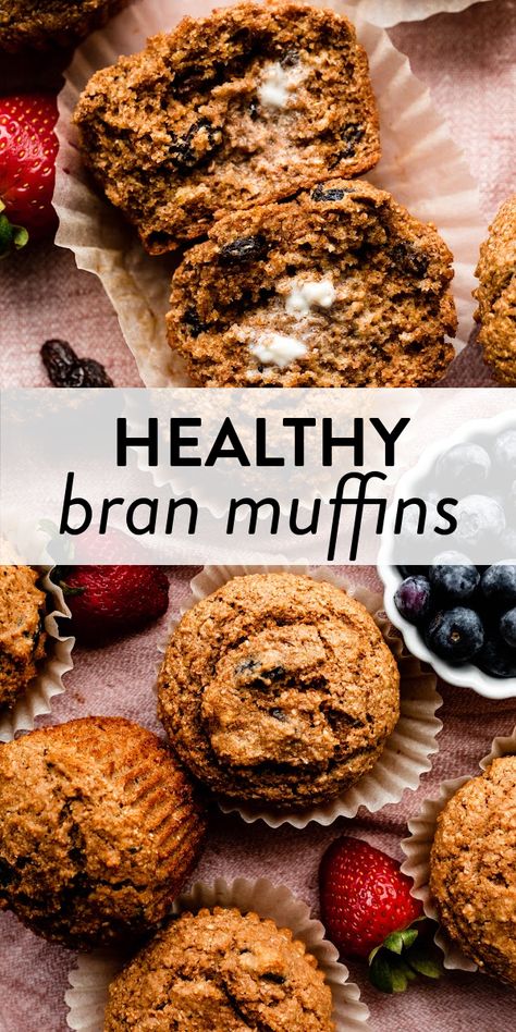 Made without refined sugar and positively packed with dietary fiber, these wholesome and healthy bran muffins are a tasty AND nutritious treat. Dairy free, no mixer required, and the add-ins are up to you including raisins, nuts, cranberries, blueberries, etc. #branmuffins #snacks #healthy #dairyfree Banana Nut Bran Muffins, Banana Bran Chocolate Chip Muffins, Banana Bran Muffins Greek Yogurt, Bran Muffin Mix Recipes, Healthy Banana Bran Muffins, Banana Bran Muffins Moist, Health Muffins, Healthy Bran Muffin Recipe, Banana Oat Bran Muffins