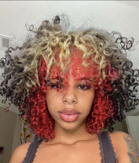 Red Roots Pink Ends Hair, Red And Blond Curly Hair, Curly Hair Dye Ideas Streaks, Dyed Roots Curly Hair, Color Block Hair Curly, Curly Hair Red Dye, Red Blonde Black Hair, Curly Died Hairstyles, Unique Curly Hair Color