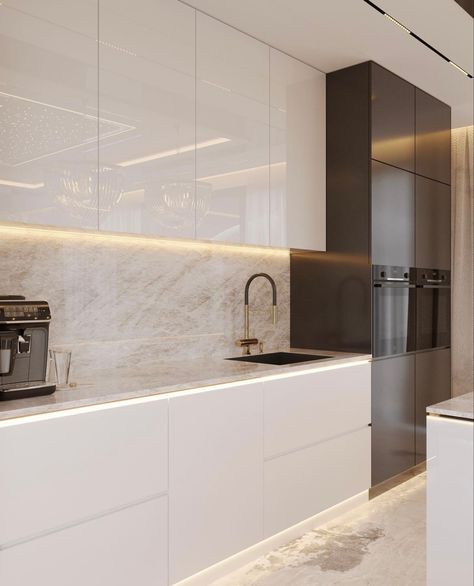 White And Brown Kitchen, Kitchen With White Marble, Kitchen Aluminium, White Kitchen Inspiration, Glossy Kitchen, Kitchen Modular, Condo Kitchen, Modern Kitchen Cabinet Design, Brown Kitchen