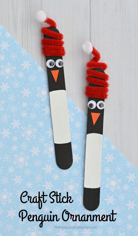 Transform basic craft sticks into this super craft stick penguin ornament for your Christmas tree. The pipe cleaner hat adds a fun whimsical hat to your penguin craft. Diy Penguin Ornaments Christmas, Easy Christmas Crafts Pipe Cleaners, Tongue Depressor Ornaments, Popsicle Stick Ornaments Diy, Popsicle Sticks Ornaments, Christmas Pipecleaner Craft, Crafts For Kids Pipe Cleaner, Tongue Depressor Christmas Crafts, Winter Pipe Cleaner Crafts