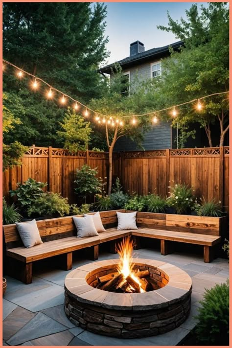 Cozy backyard with a fire pit, wooden benches, and string lights. Full Sun Patio Ideas, Backyard Nook Ideas, Back Porch Furniture Ideas, Big Backyard Ideas, Patio With Firepit, Landscape Renovation, Rustic Patio, Dream Patio, Backyard Seating