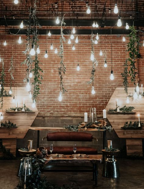 Wood + Water Wedding Inspiration // Industrial Wedding Backdrop with Brick Hanging Lights and Hanging Leaf Eucalyptus    #weddingbackdrop #hangingflorals Eucalyptus Wedding Decor, Industrial Wedding Decor, Industrial Hanging Lights, Hanging Wedding Decorations, Industrial Chic Wedding, Rustic Wedding Decorations, Water Wedding, Most Beautiful Flowers, Design Industrial