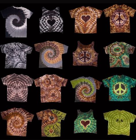 Earthy black brown and green tie dye tees and tanks #tiedyefashion #hippie #hippiestyle #moodboard #earthtones 90s Tie Dye Outfit, T Shirt Tie Dye Ideas, Tie Dye Earth Tones, How To Style Tie Dye Shirts, Earthy Tie Dye, Tye Dye Aesthetic, Tie Dye Outfits Aesthetic, Hippie Activities, Tie Dye Patterns Techniques