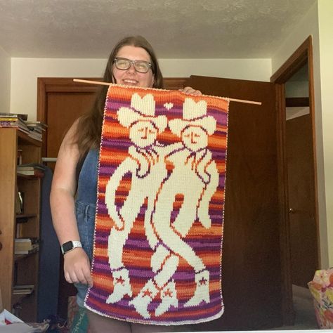 My lovely double sided cowgirl tapestry is ready to be hung up! This is my first big tapestry and I’m in love with it 🥰 💖🤍🧡❤️🤠 (Pattern by @johnelliotknits ) #knitting #knit #doubleknit #doubleknitting #tapestry #knittapestry #cowboy #cowgirl Cowgirl Tapestry, Big Tapestry, Knit Tapestry, Hippie Crochet, Crochet Tapestry, Blanket Patterns, Cowboy Cowgirl, Hung Up, Tapestry Crochet