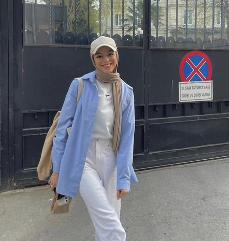 Hijab Student Outfit, Hijab And Cap Outfit, Blue Outfit Aesthetic Hijab, Blue Chemise Outfit Hijab, Hijab With Cap Outfit, Blue Outfit Hijab, Blue Hijab Outfit, Hijab With Cap, Pastel Blue Outfit