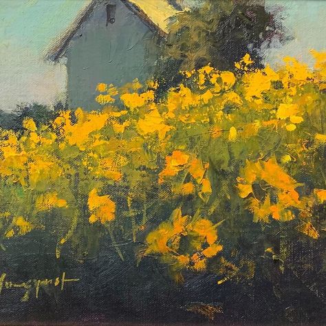 Simple Impressionism Art, Small Oil Paintings, Old Landscape Paintings, Romona Youngquist, Impressionist Flowers, Yellow Flowers Painting, Old Schoolhouse, Farmhouse Paintings, Grass Painting