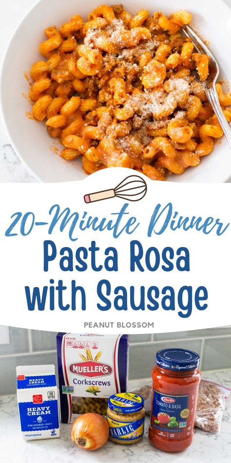 This easy 20 minute dinner has a classic creamy pasta rosa sauce over curly noodles. Savory sausage crumbles add protein and so much flavor. A decadent dinner when your family needs a little comfort food on a busy night. Serve with garlic bread and a side salad to round out the menu. Cream Tomato Pasta, Guy Food, Curly Noodles, Corkscrew Pasta, Decadent Dinner, Meal Train, Peanut Blossoms, Peanut Gallery, 20 Minute Dinners