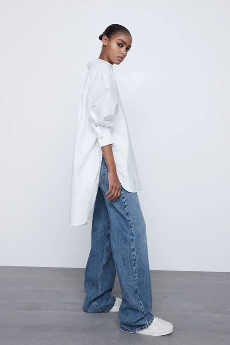 White Blouse Outfit, Oversized Shirt Outfit, Blouse Casual Fashion, Fashion Victim, White Shirt Dress, Blouse Outfit, Collared Shirt, Long Shirt, Split Hem