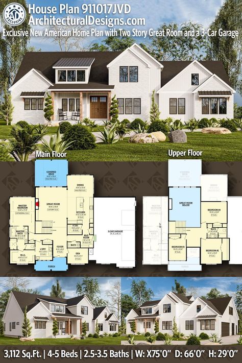 House Plan 911017JVD gives you 3100 square feet of living space with 4 - 5 bedrooms and 2.5 - 3.5 baths Upstairs House Plans, House Layouts 5 Bedroom, Five Bedroom House Plans Modern, Dream Home Plans, 4 Bedroom House Floor Plan 2 Story, 4 Bedroom House Floor Plan, 2 Story Floor Plans, 3 Bedroom 2 Story House Plans, Modern House Floor Plans 2 Story