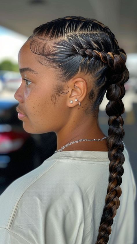 16 Braided Looks for Round Faces French Braids With Ponytail, 2 Braids In The Front With Ponytail, Natural Hair Braided Ponytail, Two Braids Into A Ponytail, Two Braid Ponytail, Long Braided Ponytail, Braid Ponytail For Black Women, Fishtail Ponytail, Loose Side Braids