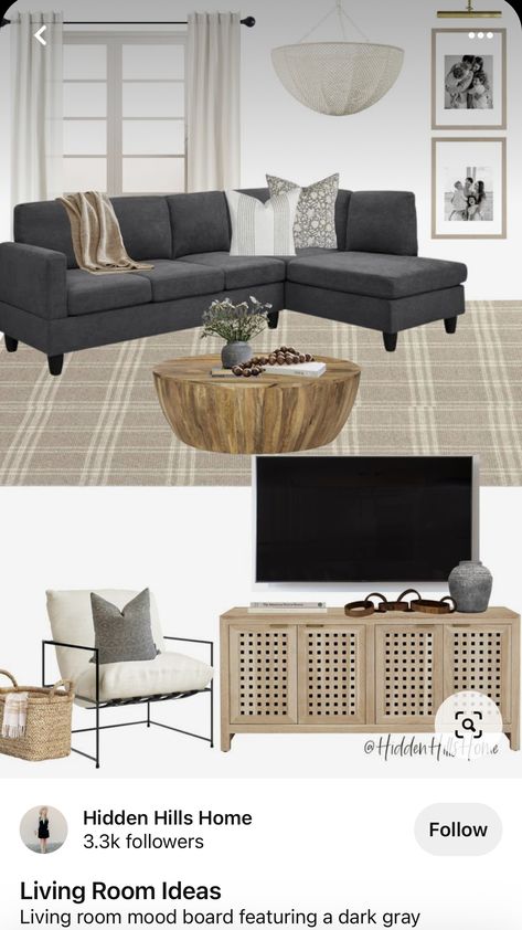 Grey Sectional Mood Board, Family Room With Charcoal Sectional, Dark Grey Sectional Decor, Dark Grey Couch Basement, Leather Gray Couch Living Room, Charcoal Couch Mood Board, Charcoal Sectional Living Room Ideas, Dark Grey Couch Living Room Mood Board, Living Room With Dark Grey Sectional