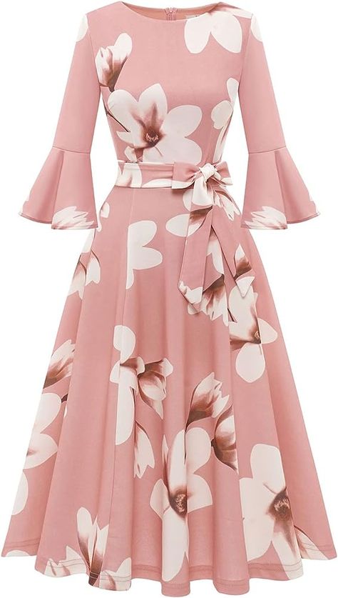 Amazon.com: Women's Vintage Midi Formal Bridesmaid Dress Cocktail Party Swing Tea Dress Cute Puff Sleeve Dresses for Women Wedding Guest Blush-White-Flower XL : Clothing, Shoes & Jewelry Modest Graduation Dresses, Church Dress Outfit, Party Dresses For Wedding, Midi Evening Dress, Easter Dresses For Women, Elegant Cocktail Dress, Dress Book, Cocktail Party Dresses, Cocktail Dress Wedding