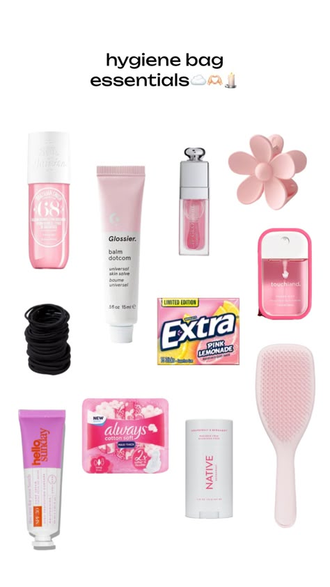 #cleangirl #cleangirlaesthetic #cleangirlvibe #cleangirlcore #hygiene #bag #bagessentials #essentials #pink Hygiene Bag, School Emergency Kit, School Backpack Essentials, School Bag Essentials, Emergency Bag, Purse Essentials, Airplane Essentials, Travel Essentials Men, Carry On Bag Essentials