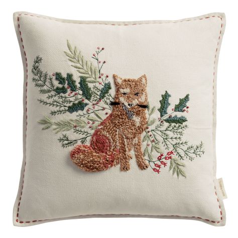 Ivory and Tan Embroidered Tufted Fox Throw Pillow - World Market Embroidered Pillows, Buckhead Atlanta, Falls Church, Cottage Christmas, Winter Woodland, Poetry Inspiration, Cost Plus World Market, Needlepoint Pillows, Throw Pillows Christmas