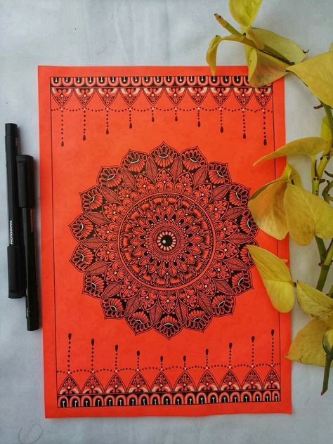 Red And Black Mandala, Paper Mandala, Colour Mandala, Drawing Mandalas, Orange Mandala, Watercolor Mandala, Doodle Art Flowers, Easy Mandala Drawing, Square Grid