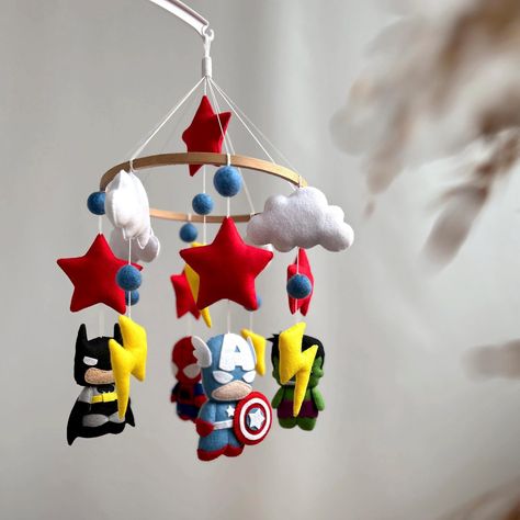 Superheroes Crib Mobile, Marvel Avengers Mobile, Marvel Super Heroes Batman Captain America Spiderman Hulk, Avengers Nursery Decor by ForLittleAngel on Etsy Marvel Nursery Ideas, Superhero Nursery Baby Boy, Spiderman Nursery, Super Hero Nursery, Avengers Nursery, Marvel Nursery, Captain America Spiderman, Marvel Decor, Superhero Decor