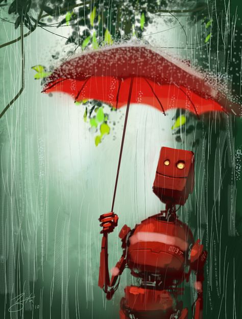 Goro Fujita has a whole series of illustrations featuring this robot and similar ones. I love them! Tomer Hanuka, Otto Schmidt, Autodesk Sketchbook, Mike Mignola, Sketchbook Pro, Robot Illustration, Arthur Rackham, Umbrella Art, Red Umbrella