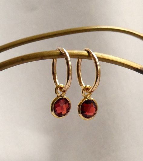 Push Gifts, Hoop Charms, Gold Filled Hoops, Earrings Round, January Birthstone, Garnet Earrings, Birthstone Gifts, Earrings Dainty, Birthstone Earring