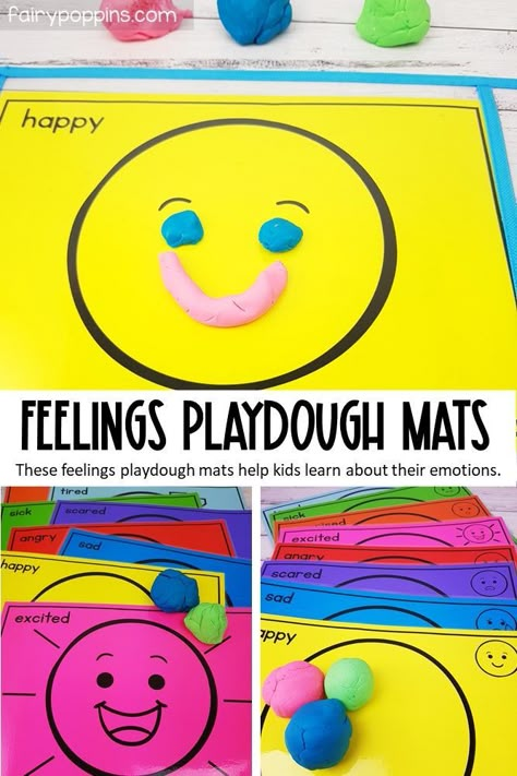 These feelings and emotions play dough mats help teach social-emotional skills in a hands-on way! There are two styles of playdough mats to choose from and both feature emojis with simple facial expressions to read. #feelingsactivities #emotionsactivities #feelingsplaydough #emotionsplaydough #playdoughactivities #selfregulation #prek #preschool #kindergarten #specialneeds #finemotor #finemotoractivities #finemotorskills Social Emotional For Preschool, Social Emotional Skills Preschool, Social Skills Activities For Kindergarten, Feelings Activity For Preschool, Activities On Emotions For Preschoolers, Social Emotional Development Activities Preschool, Preschool Social Skills Activities, Social Emotional Learning Activities Kindergarten, Social And Emotional Learning Preschool