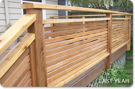 Horizontal Wood 1x2 Slat Privacy Handrail Horizontal Deck Railing, Deck Staining, Deck Handrail, Wood Deck Railing, Porch Railing Designs, Deck Stair Railing, Deck Railing Ideas, Patio Railing, Deck Railing Design