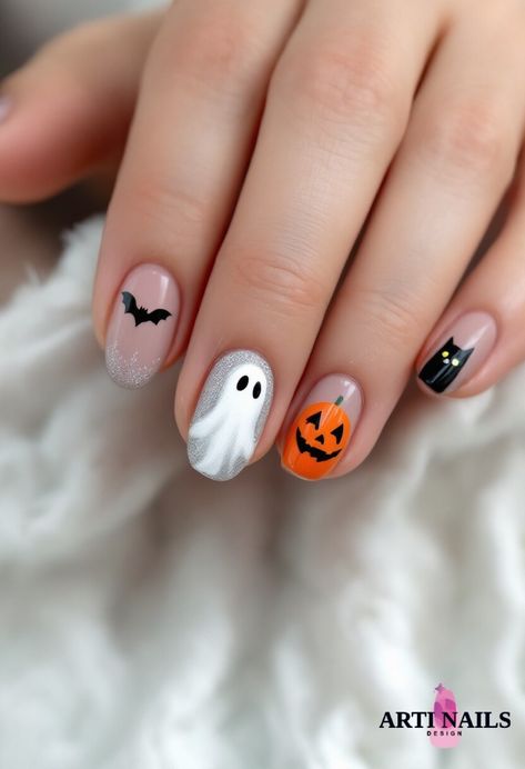 💅🏻👻 Short nails with a soft nude base highlight playful Halloween designs. 
👻💅 Simple ghost shapes whimsically capture the holiday's essence. Easy Halloween Nails, Simple Ghost, Halloween Nails Easy, Classy Nail Designs, 50 & Fabulous, Short Nails Art, Halloween Designs, Fall Nail Art, Short Nail Designs