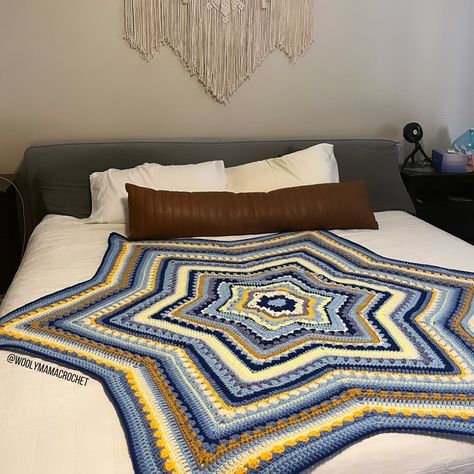 I’m finished with my “6 day star blanket” ⭐️ it took more than 6 days lol. I love this free pattern by Betty McKnit. It is very beginner friendly & great for using up scrap yarns. I really like when I can zone out in a project and not really need to count or use stitch markers & this blanket was perfect for that. Now on to the next project! 🩵 #6daystarblanket #6daykidblanket #crochetpattern #freecrochetpattern #scrapyarnproject #crochetscrapblanket #crochet #bedroomdecor #bedroominspo #... 6 Day Star Blanket Crochet Pattern Free, 6 Day Star Blanket Crochet, 6 Day Star Blanket, Star Blanket Crochet, Star Blanket, On To The Next, Crochet Patterns Free Blanket, Yarn Projects, Crochet Blanket Patterns