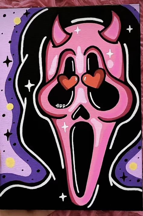 Paint Pen On Canvas, Simple Posca Pen Drawings, Posca Drawing Ideas Aesthetic, Devil Ghostface, Ghostface Painting, Pink Ghostface, Baddie Paintings Canvas, Avengers Painting, Happy Spooky Season