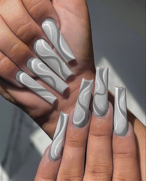 Grey Abstract Nails, Cute Grey Acrylic Nails, Grey Nail Inspiration, White And Grey Nails Acrylic, Gray Nail Inspo Acrylic, Grey Acrylic Nail Designs, Gray Coffin Acrylic Nails, Gray Acrylic Nails Design, Marble Nails Acrylic Coffin