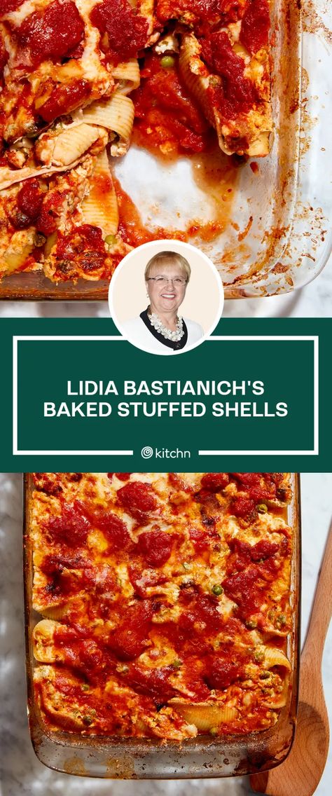 Lydia Bastianich, Pizza Potatoes, Lidias Italy Recipes, Baked Stuffed Shells, Lidia's Recipes, Italy Recipes, Shells Recipe, Lidia Bastianich, Pasta Noodle Recipe