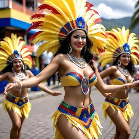 Premium AI Image | Beautiful Colombian women dancing in carnival costume sequins and feathers is a sight to behold T Colombian Carnival, Latina Costumes, Colombian Outfits, Colombian Dance, Brazil Costume, Colombian Woman, Caribbean Carnival Costumes, Culture Photography, Colombian Fashion