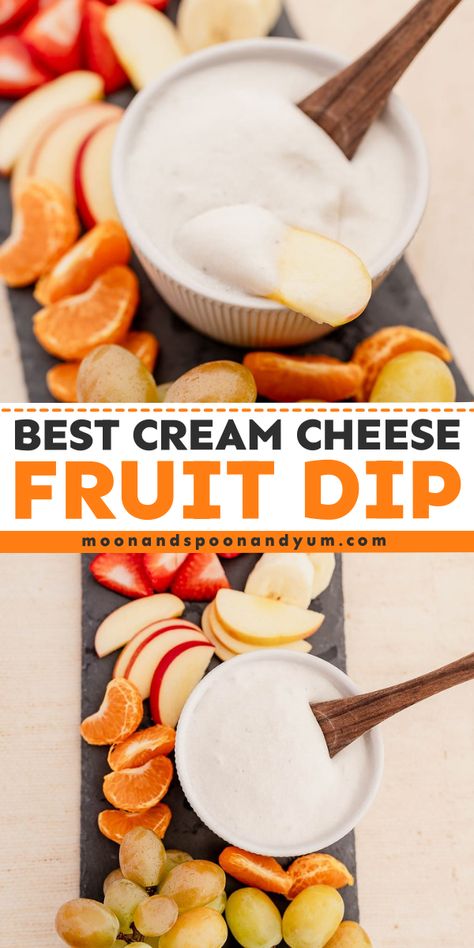 A healthy homemade condiment for your spring party food ideas! This sweet dip is gluten-free and vegetarian with a vegan or dairy-free option. Creamy and delicious, this cream cheese fruit dip is the BEST. Save this dessert dip recipe for a yummy summer appetizer! Condensed Milk Fruit Dip, Gluten Free Fruit Dip, Dairy Free Fruit Dip, Vegan Fruit Dip, Spring Party Food, Cream Cheese Fruit Dip Recipe, Sweet Dip, Fruit Dip Recipe, Gluten Free Party Food