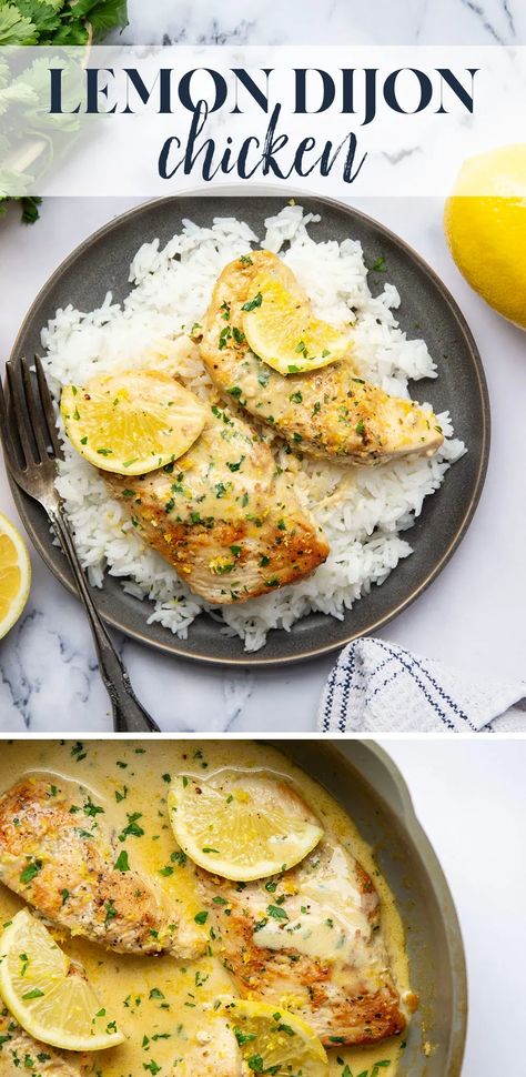 This lemon Dijon chicken features seared chicken breasts simmered in a fresh lemon Dijon mustard cream sauce. Amazing over a bowl of rice or pasta! Lemon Dijon Chicken, Dijon Mustard Chicken, Pasta Calories, Cream Sauce For Chicken, Mustard Cream Sauce, Bowl Of Rice, Lemon Cream Sauces, Dijon Chicken, Seared Chicken Breast