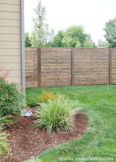 Staining A Fence, Diy Backyard Fence, Wood Fence Design, Privacy Fence Designs, Sloped Backyard, Living Fence, Horizontal Fence, Fence Styles, Backyard Privacy