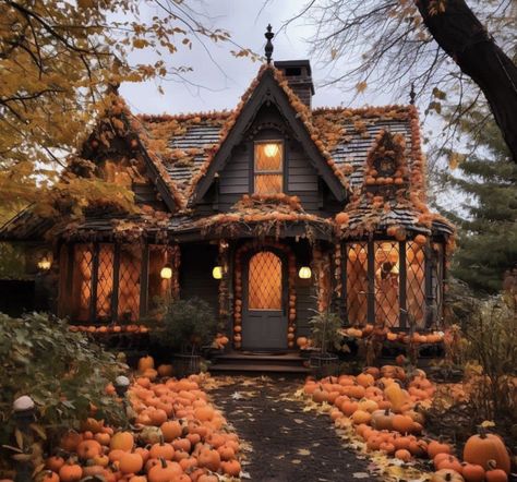 Fall Haunted House Aesthetic, Cozy House Exterior Small Cottages, Autumn Cottage Exterior, Witchy Autumn Aesthetic, Halloween House Exterior, Fall House Exterior, Fall Houses, Fall Houses Exterior, Fall Widgets