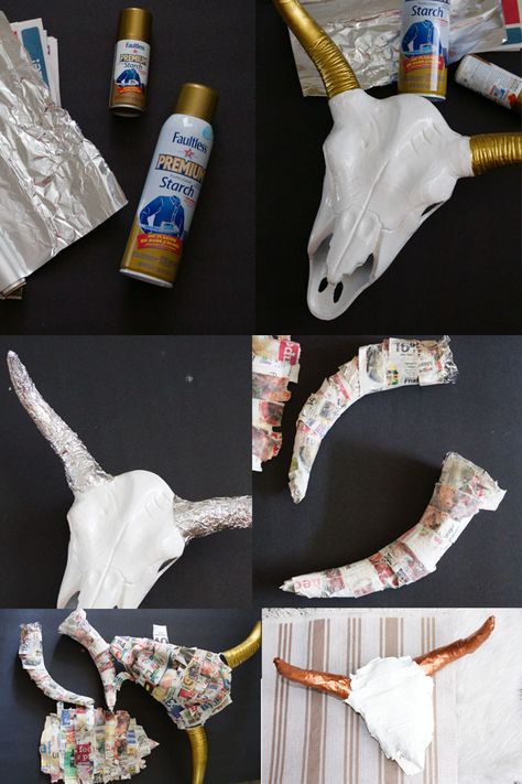 DIY Faux Paper Mache Cow Skull in Progress Paper Mache Cow Skull Diy, Diy Cow Skull Ideas, Cow Diy Crafts, Diy Cow Skull, Paper Mache Cow, Skull Decor Diy, Paper Mache Horse, Diy Paper Mache, Painted Cow Skulls