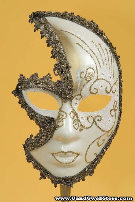 20" LADY MASK W/STICK GOLD/WHITE - GandGwebstore.com Venitian Mask Aesthetic, Moon Mask Masquerade, Mascaras Aesthetic, Ceramic Masks Ideas, Venetian Masks Art, Plaster Mask, Masquerade Ball Party, Mask Aesthetic, Ceramic Mask