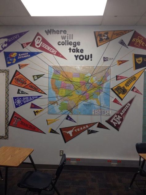 Awesome way to display college pennants. College Pennants In Classroom, College Theme Classroom Door, College Themed Classroom, College Display Board Ideas, College Acceptance Wall School Counselor, College Theme Classroom, Avid Classroom Decorations, College Bulletin Board, College Theme