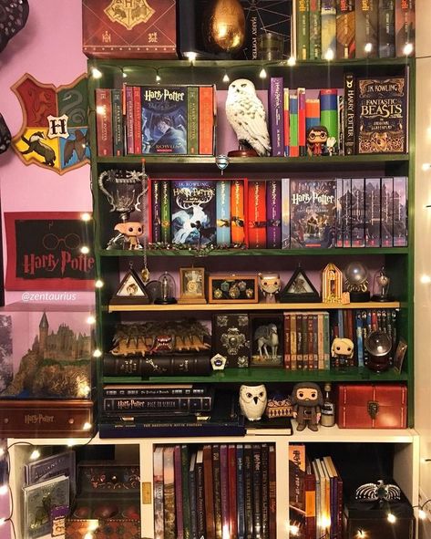 Harry Potter Harry Potter Bookshelf, Harry Potter Shelf, Harry Potter Display, Harry Potter Bedroom Decor, Citate Harry Potter, Stile Harry Potter, Harry Potter Room Decor, Harry Potter Wall, Harry Potter Bedroom