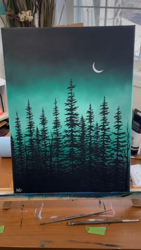 Acrylic Forest Painting, Easy Nature Paintings, Easy Landscape Paintings, Landscape Painting Tutorial, Canvas For Beginners, Canvas Painting Tutorials, Canvas Painting Designs, Landscape Art Painting, Painting Art Lesson