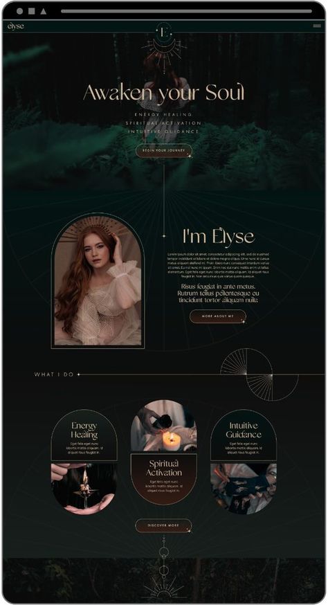 Elyse - Showit website template, dark website design, moody website design, magical, for healers, spiritual coaches.  Dark, moody website design Magical Website Design, Gothic Website Design, Creative Web Design Layout, Spiritual Templates, Tarot Website, Moody Website Design, Dark Website Design, Dark Branding, Ui Ux Design Website