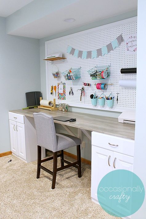 Whether you have room for a small or large pegboard, follow this easy tutorial to make your own pegboard for organization! Giant Pegboard, Diy Crafts Desk, Large Pegboard, Craft Table Diy, Small Craft Rooms, Sewing Room Design, Stock Cabinets, Dream Craft Room, Craft Room Design