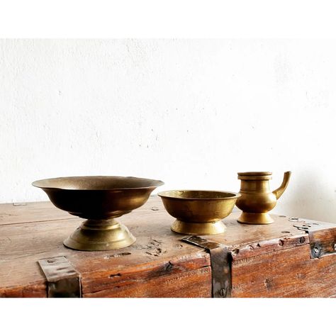 . Assorted brass sindhoor bowls set of two with mini bronze kindi for home puja mandir, compact high-quality handmade collectibles in good condition, rare to find such old cast originals . . Dimensions Brass bowl large 5 inches wide, 2.25 inches tall Brass bowl small 3.8 Inches wide 1.6 inches tall Kindi 3.75 inches wide, 2.5 inches tall . . . 🏷 Now on Sale. 🛒 Buy directly from our Website, Link in Bio. 📦 Free Shipping within India. 🚫 No Exchange/ Returns/ Refund. ❗️Goods once sold will n... Puja Mandir, Brass Bowl, Website Link, Bowl Set, 6 Inches, Link In Bio, Interior Decorating, On Sale, Home Improvement