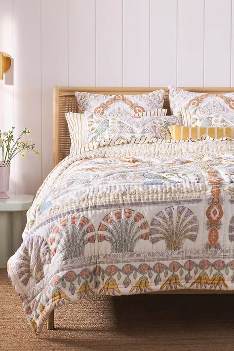 Feyra Cotton Printed Quilt | AnthroLiving Bedding Anthropologie, Anthropologie Bedding, Perfect Bedding, Top Beds, Bird Quilt, Velvet Quilt, Bedroom Décor, Types Of Beds, Master Bedding