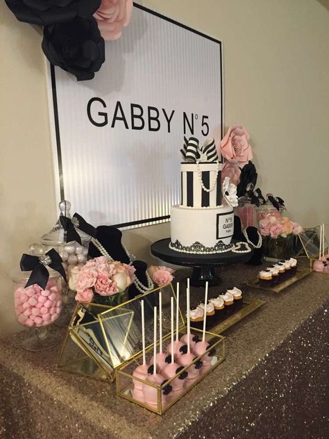 Gabby N°5 | CatchMyParty.com Chanel 1st Birthday Party, Chanel No 5 Birthday Party Ideas, Chanel Bridal Shower Theme, Chanel Birthday Party Ideas, Coco Chanel Birthday Party, Chanel Inspired Party, Coco Chanel Birthday, Coco Chanel Party, Chanel Birthday Party