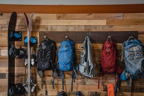 Ski Mudroom, Winter Gear Organization, Snowboard Wall Rack, Outdoor Gear Storage, Snowboard Storage, Snowboard Wall, Ski Board, Snowboard Racks, Adventure Wall