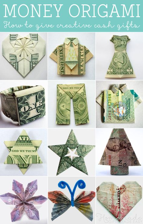 Use money origami (dollar bill origami) to transform your dollar bills into clothing, hearts, flowers, and more. Folding money is a quick and easy way to make a gift. Origami Stella, Money Origami Tutorial, Homemade Birthday Gifts, Origami Money, Origami Projects, Folding Money, Dollar Origami, Origami Gifts, Tutorial Origami