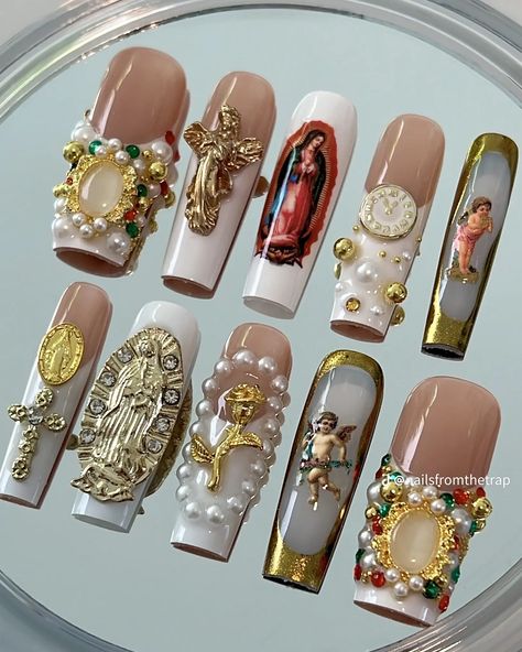 Virgencita Nails, Rosary Nails, Angelic Nails, Crochet Photography, Soft Gel Tips, Motivation Music, Angel Nails, Music Nature, Funny Fitness