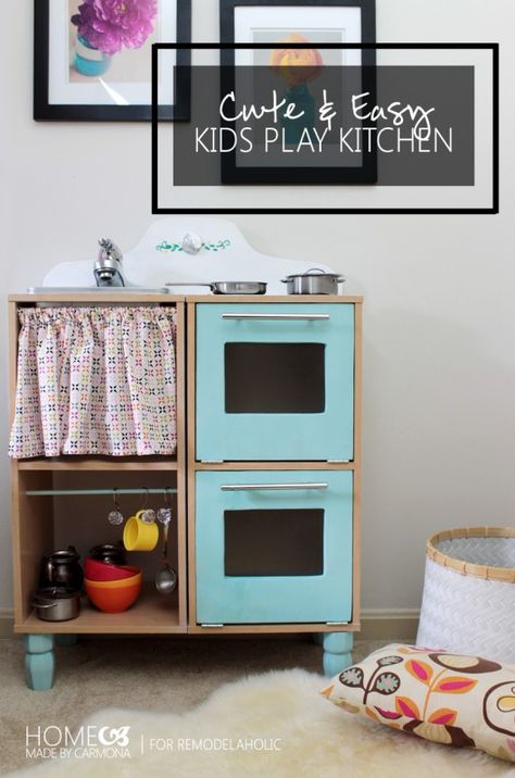 Cute & Easy Kids Play Kitchen from a Cube Shelf Diy Kids Kitchen, Cube Shelf, Kitchen Sets For Kids, Pretend Kitchen, Wooden Play Kitchen, Shelves Ideas, Play Kitchens, Kids Play Kitchen, Cube Shelves