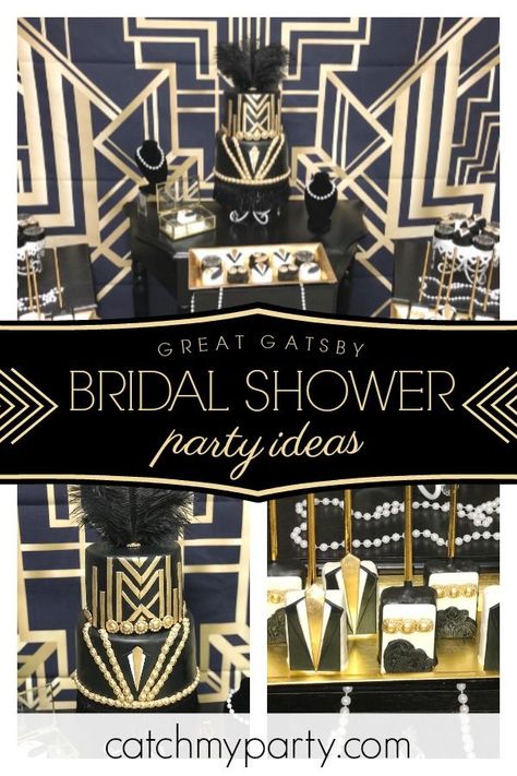 Don't miss this incredible Great Gatsby themed bridal shower! The cake is amazing!! See more party ideas and share yours at CatchMyParty.com #catchmyparty #partyideas #bridalshower #greatgatsby #20s #vintage Gatsby Bridal Shower Theme, Gatsby Bridal Shower Ideas, Great Gatsby Bridal Shower Ideas, 1920 Bridal Shower Ideas, Speakeasy Bridal Shower Ideas, Roaring 20s Bridal Shower Ideas, 40th Birthday Gatsby Theme, Great Gatsby Sorority Theme, Great Gatsby Party Signs